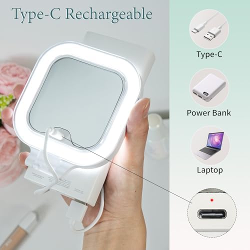 FUNTOUCH Compact Travel Lighted Makeup Mirror, Rechargeable Double-Sided 1X10X Magnification Mirror with 3 Lights, Handheld Tabletop Portable Hanginig Mirror with Bag, Dimmable Touch Screen