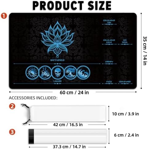 MTG Playmat with Play Zones – Magic Play mat Card Game Mat for Magic The Gathering, Lotus & Basic Lands Design, 24x14 inch, Stitched Edge, Non-Slip Base with Prismatic Playmat Tube-Blue Zone