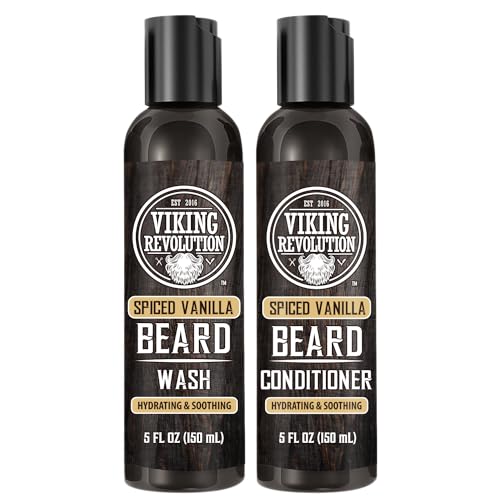 Viking Revolution Beard Wash and Beard Conditioner for Men with Argan Oil and Jojoba Oil - Beard Softener and Strengthener Beard Care Beard Shampoo and Conditioner with Beard Oil (5oz, Spiced Vanilla)