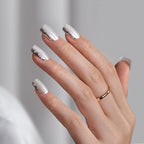 BTArtbox Press On Nails Short - White Press On Nails with 3D Sculpting Metallic Design, Square Fake Nails for Women Gift, Supremely Fit Glue On Nails in 16 Sizes, Chromium