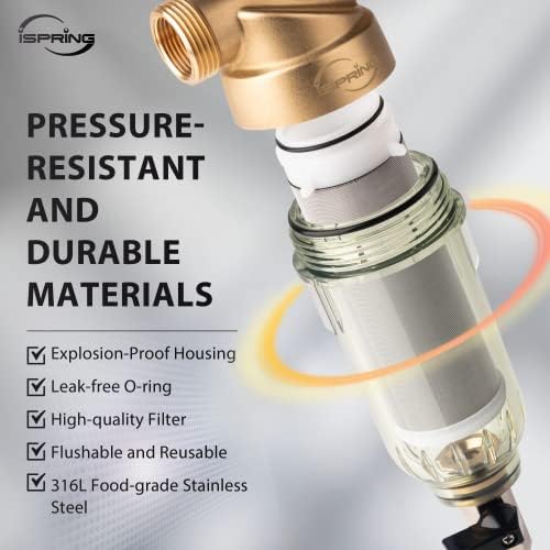iSpring WSP-50 Reusable Whole House Spin Down Sediment Water Filter, 50 Micron Flushable Prefilter Filtration, 1" MNPT + 3/4" FNPT, Lead-Free Brass