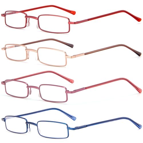 REAVEE 4 Pack Slim Pen Reading Glasses for Women Stylish Small Metal Tube Readers Spring Hinge with Portable Clip Case, Red Gold Pink Blue 2.5