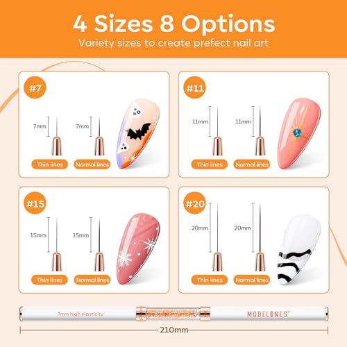 modelones Nail Art Brushes, Super Fine Thin Liner Nail Brush Set Sizes 7/11/15/20mm for Nail Gel Polish Painting Designs with Acrylic Rhinestone Handle Gift For Women