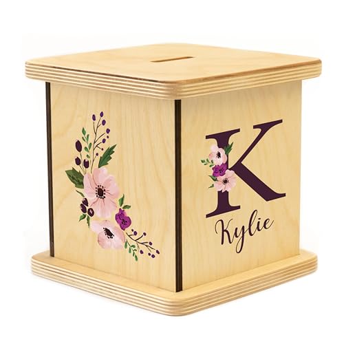 Wooden Piggy Bank for Kids and Adults, Personalized Gift Handmade in USA by BloomOwl, Custom Piggy Bank, Personalized Banks for Kids, Gifts for Baby Boys and Girls (Plum Floral)