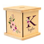 Wooden Piggy Bank for Kids and Adults, Personalized Gift Handmade in USA by BloomOwl, Custom Piggy Bank, Personalized Banks for Kids, Gifts for Baby Boys and Girls (Plum Floral)