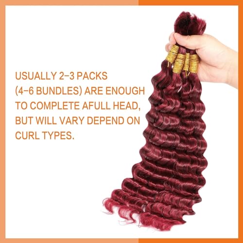 Burgundy Deep Wave Human Braiding Hair for Boho Braids 2 Bundles Total 100g 16 Inch Deep Wave Bulk Human Hair for Braiding No Weft Brazilian Virgin Curly Human Hair Extensions