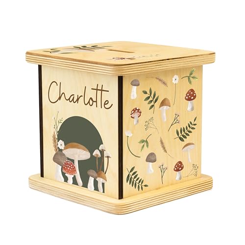 Wooden Piggy Bank for Kids and Adults, Personalized Gift Handmade in USA by BloomOwl, Custom Piggy Bank, Personalized Banks for Kids, Gifts for Baby Boys and Girls (Mushroom)