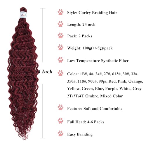 Burgundy Curly Wavy Braiding Hair Pre Stretched Boho Hair for Braiding Deep Ocean Wave Crochet Hair Water Deep Wave Boho Curls Bohemian Braids Hair Extensions 24 inch 2 Packs