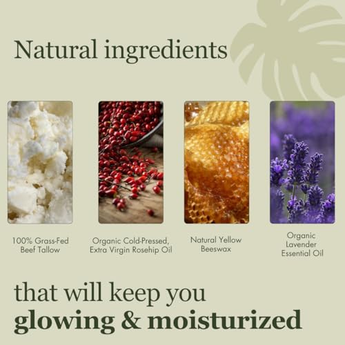 100% Grass-Fed Beef Tallow Face Moisturizer - Natural Organic Skin Care with Lavender Essential Oil - Nourishing 2oz Balm with Rose Hip Oil & Beeswax for Sensitive Skin, Hands & Lips