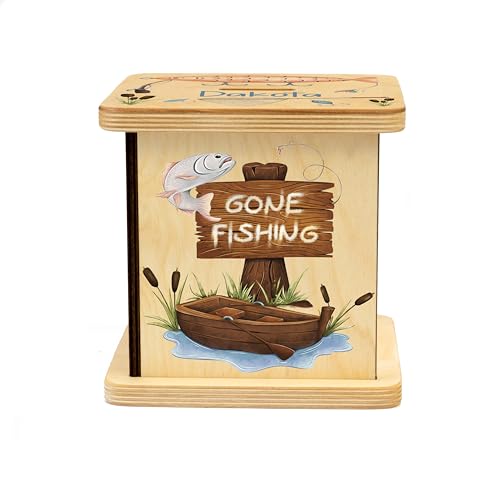 Wooden Piggy Bank for Kids and Adults, Personalized Gift Handmade in USA by BloomOwl, Custom Piggy Bank, Personalized Banks for Kids, Gifts for Baby Boys and Girls (Fishing)