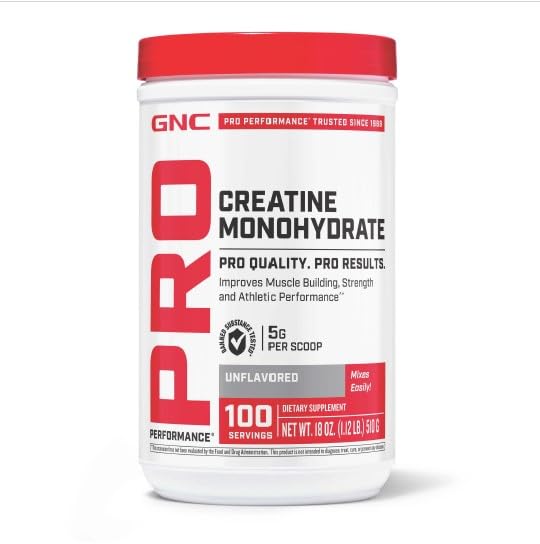 GNC Pro Performance Creatine Monohydrate Powder for Women & Men, 5g Creatine Per Serving, Muscle Building, Energy Production, Endurance, Performance, 100 Servings