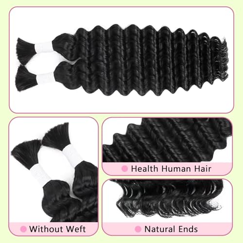 24 Inch Deep Wave Human Braiding Hair for Boho Braids Curly Human Hair Braiding Hair Wet and Wavy Unprocessed Virgin Boho Hair for Braiding Natural Color 2 Bundles/Pack (Total 100G)