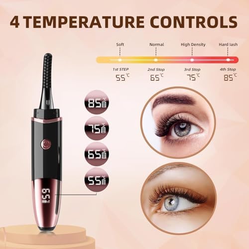 Heated Eyelash Curlers - Fast Heat up Within 10s - 24 Hours Long Lasting - Rechargeable Electric Eyelash Curler with Type-C, with 4 Heating Modes Anti-Burn Mini Lash Curler with LED Display-Black