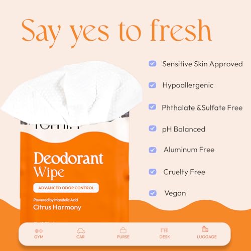 FOMIN Acidified Travel Deodorant Wipes For Women & Men - 15 Count - Citrus Harmony - pH Balanced, Mini Deodorant Travel Size Wipes - Plastic-Free, Individually Wrapped Underarm Body Wipes