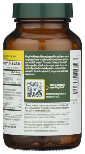 MegaFood Adrenal Strength - Adrenal Support Supplements with Ashwagandha and Magnesium Glycinate, Vitamin C, Holy Basil, Astragalus, Reduces Cortisol Levels - Vegetarian - 60 Tablets (30 Servings)