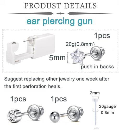 QWALIT Disposable Ear Piercing Kit Silver Ear Piercing Gun Kit Self Piercing Earrings Piercing Kit Earring Gun Piercing Kit with Earring Studs Self Ear Piercing Kit Flat Back at Home
