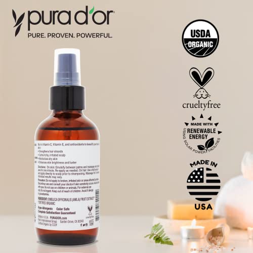 PURA D'OR 4 Oz ORGANIC Amla Oil, 100% Pure USDA Certified Premium Grade Oil, Cold Pressed, Unrefined, Extra Virgin, Indian Hair Care Oil, Hair Serum & Thickening Hair Product w/Pump for Women & Men