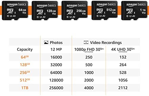 Amazon Basics Micro SDXC Memory Card with Full Size Adapter, A2, U3, Read Speed up to 100 MB/s, 256 GB, Black