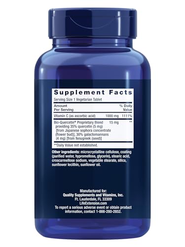 Life Extension Vitamin C and Bio-Quercetin®, Cardiovascular Health Supplement, Immune Support, Highly absorbable, quercetin, Vitamin C, Gluten Free, Non-GMO, Vegetarian, 250 Tablets