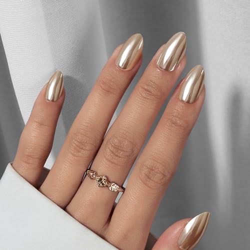 BTArtbox Press On Nails Short - Mirror Shine Silver Press On Nails Almond, Chrome Glazed Glue On Nails for Gifts, Reusable Stick On Nails in 16 Sizes, Holo Pearl