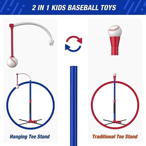 3-in-1 Baseball Set for Kids 3-5 - Tee Ball Stand, Hanging Tee, Ball Launcher and 6 Softballs - Adjustable Height, Indoor/Outdoor Sport Gifts for Boys Girls, Blue