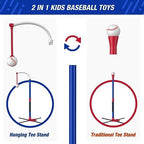 3-in-1 Baseball Set for Kids 3-5 - Tee Ball Stand, Hanging Tee, Ball Launcher and 6 Softballs - Adjustable Height, Indoor/Outdoor Sport Gifts for Boys Girls, Blue