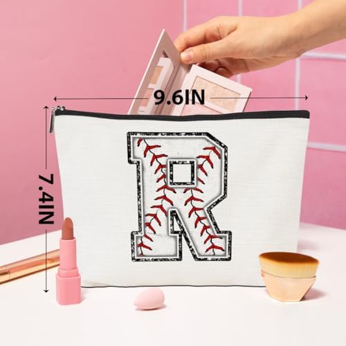 Baseball Gifts Initial Makeup Bag Monogrammed Cosmetic Bag Letter R Zipper Pouch Baseball Accessories for Girls Women Baseball Player Coach Friend Baseball Stuff Graduation Birthday Gifts