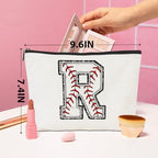 Baseball Gifts Initial Makeup Bag Monogrammed Cosmetic Bag Letter R Zipper Pouch Baseball Accessories for Girls Women Baseball Player Coach Friend Baseball Stuff Graduation Birthday Gifts