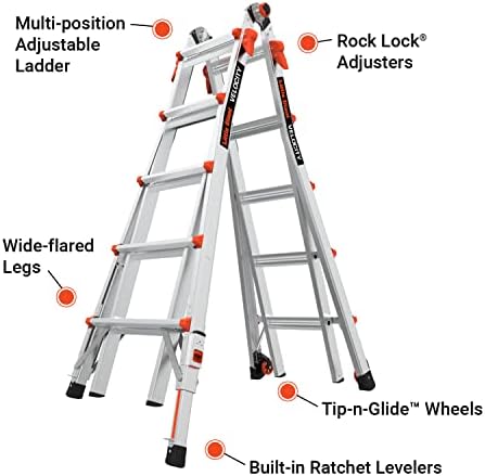Little Giant Ladders Velocity, 17-Ft Folding Multi-Position Ladder, Aluminum, 300 lb Load Capacity, Type 1A Extra Heavy Duty, 18-Ft Reach, with Ratchet Levelers and Wheels (15417-801)