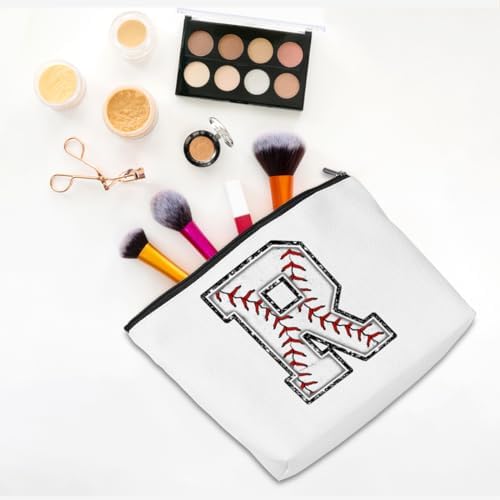 Baseball Gifts Initial Makeup Bag Monogrammed Cosmetic Bag Letter R Zipper Pouch Baseball Accessories for Girls Women Baseball Player Coach Friend Baseball Stuff Graduation Birthday Gifts