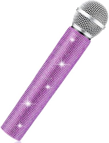 Sanwuta Fake Microphone Prop Sparkly Bling Rhinestones Plastic Play Microphone Pretend Glitter Bedazzled Mic for Cosplay Party Costume(Purple)