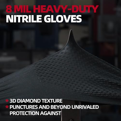 Jointown Basic Heavy Duty Nitrile Gloves, 8 Mil Black Mechanic Disposable Gloves X-Large with Raised Diamond Texture, Latex Free, Powder Free Industrial Automotive Work Gloves Box of 200