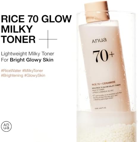 ANUA Rice 70 Glow Milky Toner, for Glass Skin, Rice Water, Niacinamide, Ceramides, Panthenol, Fragrance-Free, Non comedogenic, Fungal Acne Safe, Korean Skin Care, 250ml/8.45fl.oz.