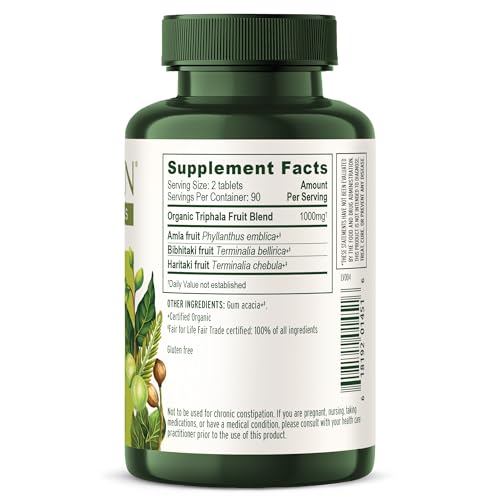 Banyan Botanicals Organic Triphala Tablets - Gentle Daily Digestion & Colon Cleanse Support - Amla, Haritaki, Bibhitaki - Healthy Elimination, Detox & Gut Microbiome - 180 Tablets - Non-GMO, Vegan*