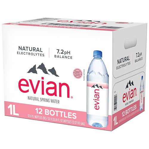 Evian Natural Spring Water (One Case of 12 Individual Bottles, each bottle is 1 liter) Naturally Filtered Spring Water in Large Bottles