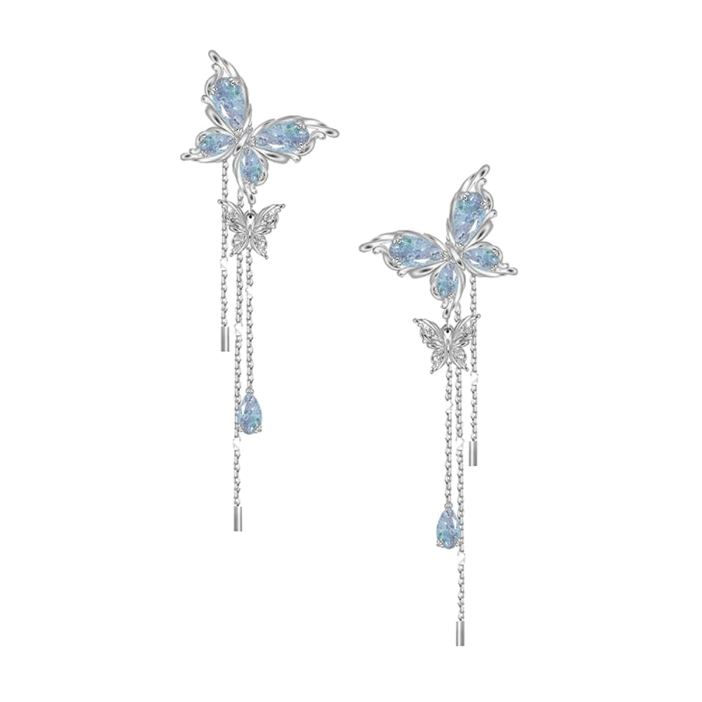 Delicate butterfly chain edge Stylish blue flexible butterfly earrings personality silver long dangle earrings for women M3179
