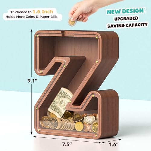 Summidate Wooden Letter Piggy Bank, Extra Thick Large Capacity Piggy Bank for Kids Boys Girls Toddler, Alphabet Z Money Bank| Coin Box Birthday, Christmas, Festival