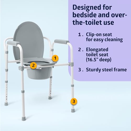 Medline 3-in-1 Steel Bedside Commode, Elongated Seat, Sturdy Folding Frame, 7.5 QT. Bucket, 350 lb. Weight Capacity, Clip-on Seat, Easy Cleaning, Tool-Free Assembly, Gray