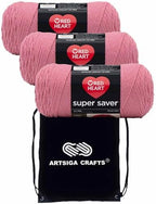 Red Heart Super Saver Light Raspberry E300-774 (3-Skeins - Same Dye Lot) Worsted Medium #4 Acrylic Yarn for Crocheting and Knitting with Project Bag
