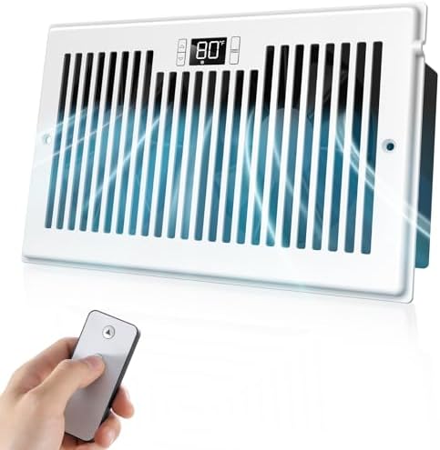 Quiet Register Booster Fan Fits 6" x 10" (DUCT OPENING CUTOUT), 10-Speed Smart Heating Cooling AC Vent Booster Fan w/Remote Control & Thermostat Control (White) - Corded