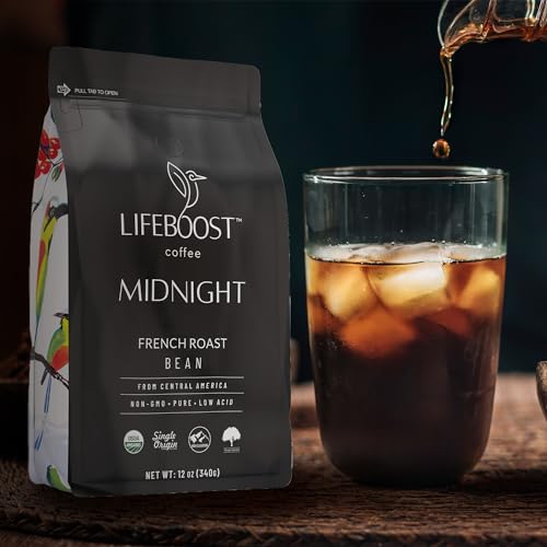 Lifeboost Midnight French Roast Coffee Beans - Single Origin Low Acid French Roast Coffee - Non-GMO USDA Organic French Roast Coffee Beans - Third Party Tested For Mycotoxins & Pesticides - 12 Ounces