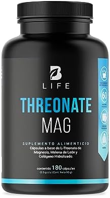 Threonate Mag 180 Cápsulas. Ingredientes Naturales: L Treonato de Magnesio, Melena de Leon y Colágeno Hidrolizado. L Threonate Mag B Life.