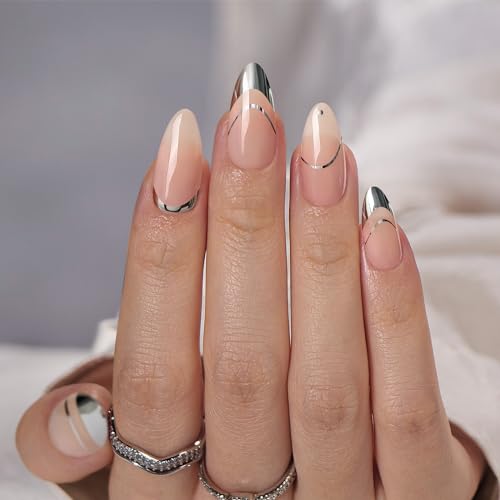 BTArtbox Press On Nails Almond - French Tip Press on nails, Medium Glue On Nails with Nail Glue, Silver Stick On Nails in 16 Sizes - 30 Fake Nails Kit, Zoomers