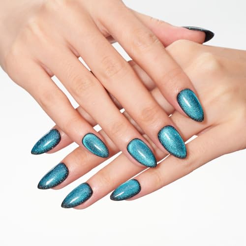 GLAMERMAID Press on Nails Short Almond, Handmade Lake Blue Cat Eyes Gel Glue on Nails, 24Pcs Glossy Short Stiletto Reusable UV Finish Fake Nails Acrylic False Nails Manicure Kits for Women