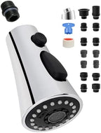 Hygie Rinse Universal Kitchen Faucet Head Replacement with 15 Adapter Kit Compatible with Kohler/Moen/Delta Faucet, 3 Function Pull Down Sink Faucet Spray Head, Chrome