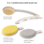 LFJ 3 in 1 Bath Sponge Brush Set for Shower, 19" Long Handled Shower Brush, Shower Sponge and Pumice Gentle Exfoliation and Improved Skin Health, Suitable for Men and Women (White with Soft Brush)