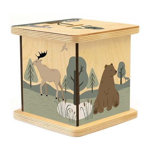 Wooden Piggy Bank for Kids and Adults, Personalized Gift Handmade in USA by BloomOwl, Custom Piggy Bank, Personalized Banks for Kids, Gifts for Baby Boys and Girls (Woodland)