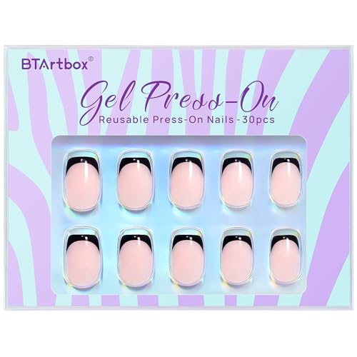 French Tip Press On Nails - BTArtbox Jelly Square Fake Nails with Nail Glue, Reusable Semi-Transparent Stick On Nails in 15 Sizes - 30PCS Soft Gel Glue On Nails Kit, Classic Black