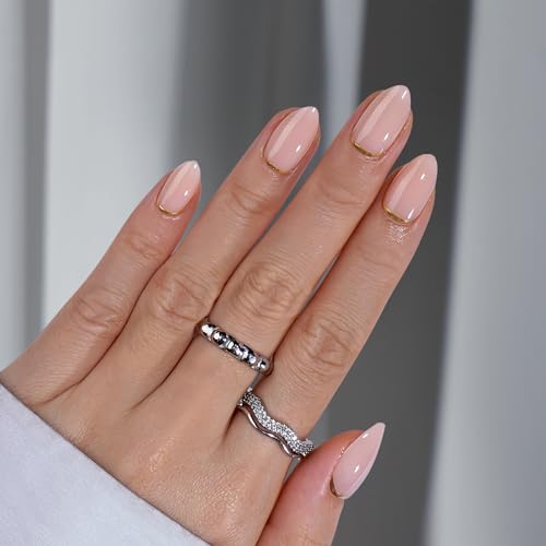 BTArtbox Press On Nails Almond - Short Nails Press Ons with Gold Foil Design, Glue On Nails for Women Gift, Supremely Fit Glossy Stick On Nails in 16 Sizes - 30 Nail Kit, Gold End