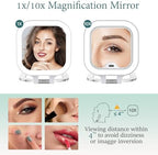 FUNTOUCH Compact Travel Lighted Makeup Mirror, Rechargeable Double-Sided 1X10X Magnification Mirror with 3 Lights, Handheld Tabletop Portable Hanginig Mirror with Bag, Dimmable Touch Screen